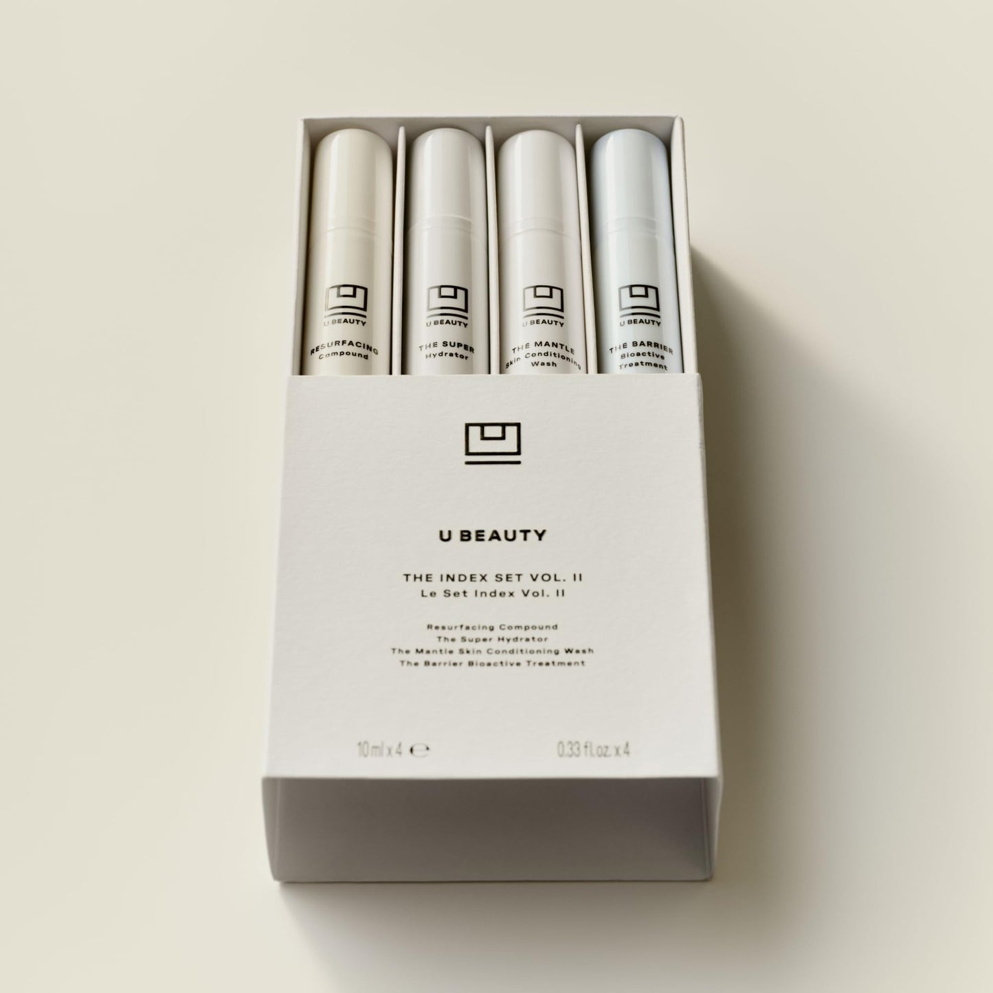 U Beauty Trial Index Set Volume 2 - Trial Size Skin Care Set with a Gentle Cleanser, Resurfacing Hyaluronic Acid Serum, Daily Face Hydrator, and Night Cream Moisturizer - 4-Piece Kit, 0.33 fl oz