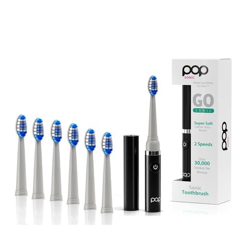 Pop Sonic Electric Toothbrush (Black + 6 Brush Heads) - Travel Toothbrushes w/AAA Battery | Kids Electric Toothbrushes with 2 Speed & 15,000-30,000 Strokes/Minute, Dupont Nylon Bristles