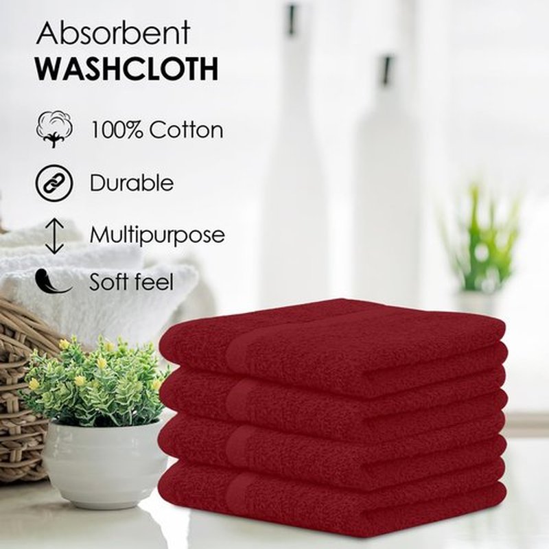 Avalon Towels Cotton Washcloths – (Pack of 24) Size 12x12 Inches, 100% Ring Spun Cotton, Soft & Absorbent Face Towels, Gym Towels, Hotel and Spa Quality, Reusable Fingertip Towels (Red)