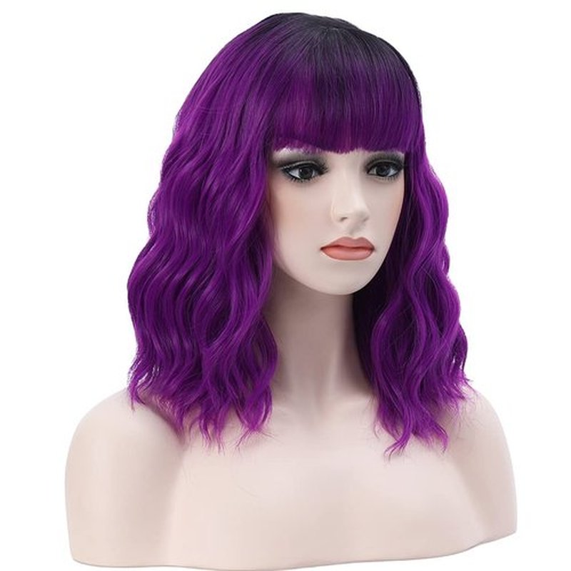 BERON 14 Inches Black Purple Ombre Wig Short Curly Wig with Bangs Purple Wig Synthetic Wigs Women Girls Ombre Wig with Wig Cap