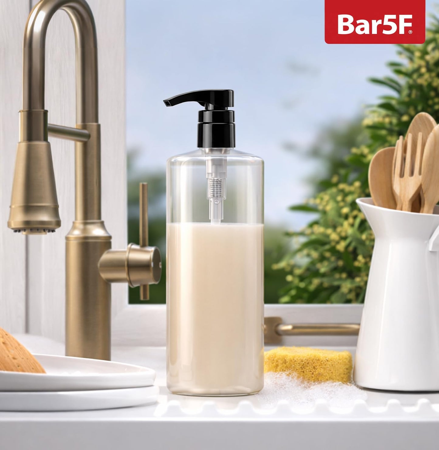 Bar5F Empty Shampoo Bottles with Pumps (2-Pack 32oz/1Liter/Large) BPA-Free PETE1 Plastic Bottle Crystal-Clear