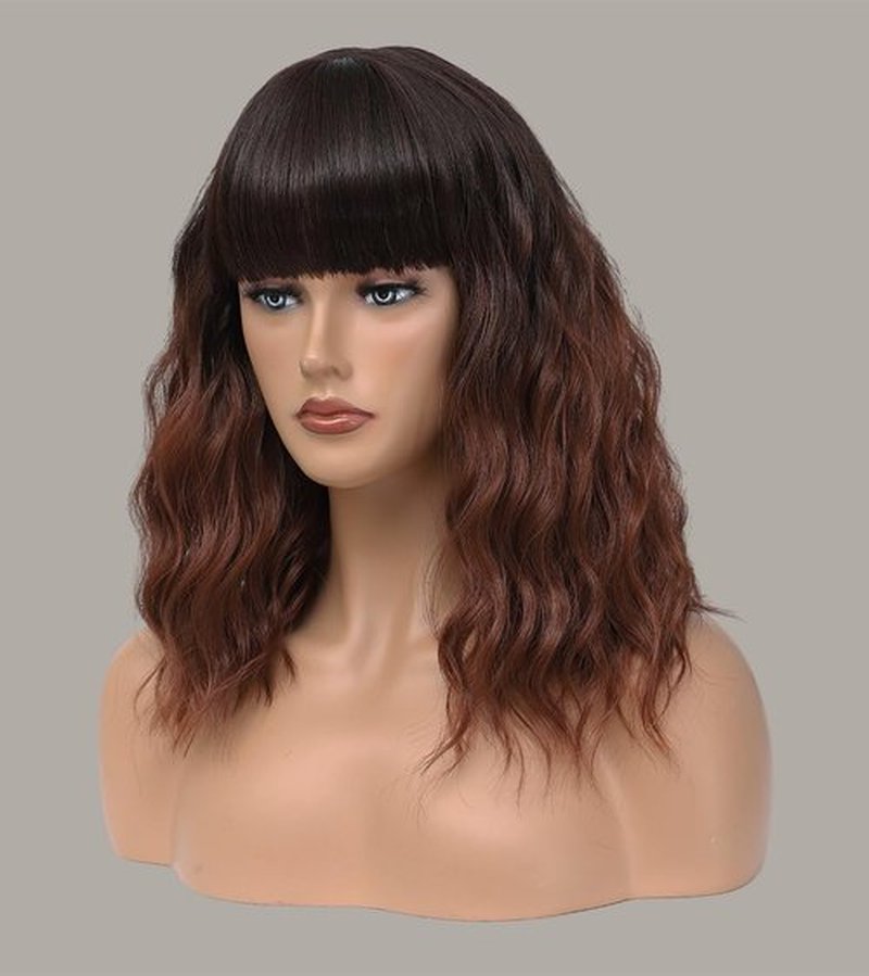 Short Auburn Wigs with Bangs 14Inch Ombre Auburn Curly Bob Wig for Women Shoulder Length Natural Looking Hair Replacement Wig for Daily Party Use Cosplay Costume Halloween Wig