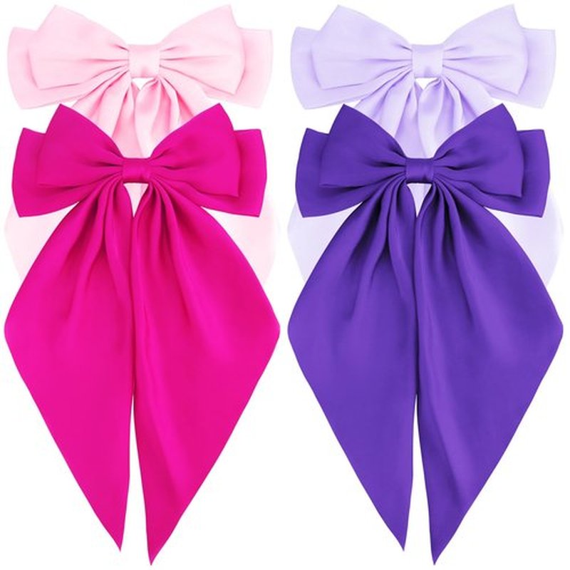 Atoden Hair Bows Silky Satin Bows for Hair Ribbons 4Pcs Coquette Oversized Long Tail Hair Bow Clips Barrettes Big Bowknot Hair Accessories for Women Girl Trendy Stuff Gifts (Pink Purple)