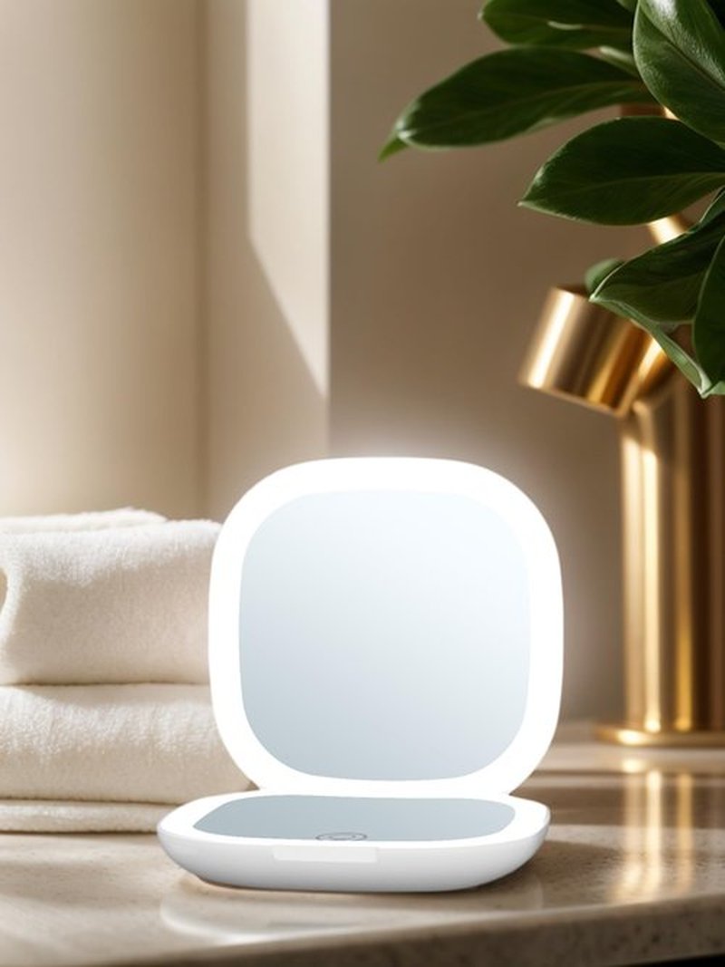 LHQOO LED Magnifying Travel Mirror 1/5x Portable Desktop Mirror - Magnifying Portable Double-Sided Dimmable USB Charging Touch Screen for Travel, Daily Commute and Dating (White)