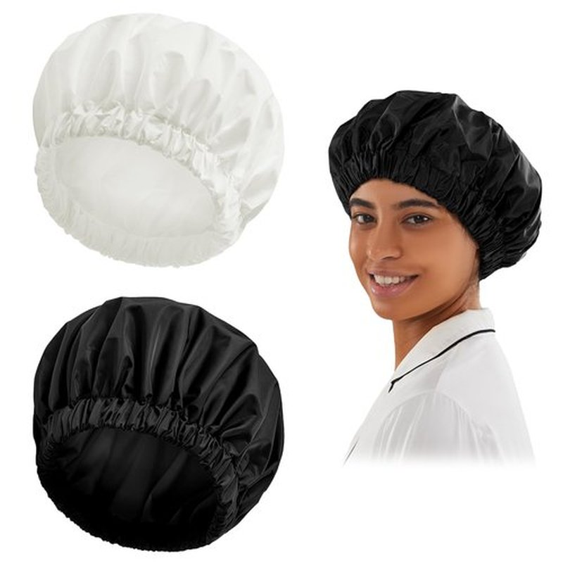 Reusable Shower Cap for Women, Large Waterproof Shower Bonnet Washable Elastic Band Bath Hair Hat for Long Hair, Braids(Black&White)