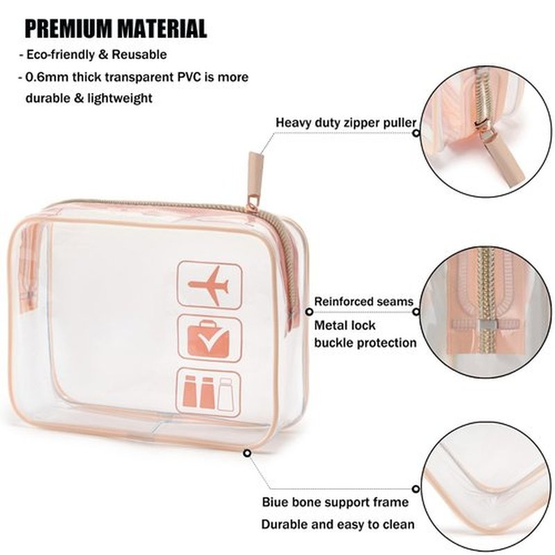 MODENGKONGJIAN TSA Approved Toiletry Bag, 3 Pcs Clear Toiletries Bags Quart Size Travel Makeup Cosmetic Bag for Women Men, Carry on Airport Airline Compliant Bag (Rose Gold)
