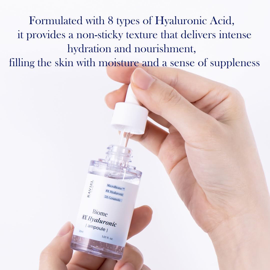 RAVIEL Biome 8X Hyaluronic Ampoule – Intensive Hydration & Pore Care Serum with 5X Ceramide for Dehydrated, Sensitive Skin, Korean Skincare, 30ml 1.01 fl oz