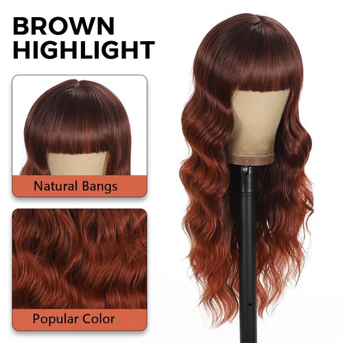 UNNYMGER Reddish Brown Wigs with Bangs,Long Curly Wig for Women Long Wavy Wig Synthetic Hair Wig for festival holiday Use 26IN (R1B-99-350)