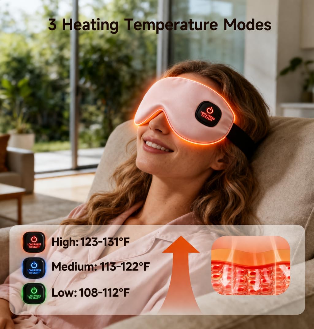 Vitelum Cordless Eye Mask with Heat and Cooling, Silk Heated Eye Mask for Dry Eyes, Eye Relief, Timed Shutdown, 3 Temperature, Eye Mask for Travel, Washable Cover, Pink