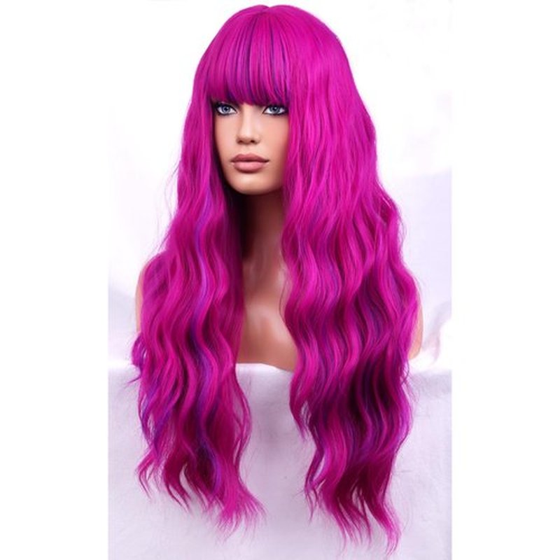 BERON Rose and Purple Long Wigs Curly Wavy Women Pastel Wigs with Bangs Hot Pink Color Heat Resistant Synthetic Wigs for Cosplay or Daily Wigs Wig Cap Included