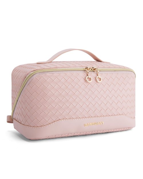 BAGSMART Makeup Bag Cosmetic Bag, Travel Makeup Bag, PU leather Makeup Bags for Women Portable Water-resistent Pouch Open Flat Make Up Organizer Bag for Toiletries, Brushes, Leather Pink