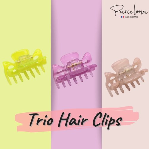 Parcelona French Classic Very Small 1 1/2" Claw Clips with Tight Spring Set of 3 Girls Hair Jaw Claw Clips Durable Styling Women Hair Accessories, Made in France (Lemon Green-Purple-Blush Pink)