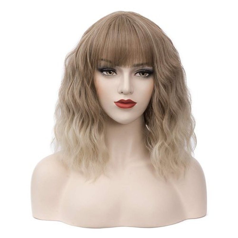 BUFASHION 14" Women Short Wavy Curly Wig Ombre Brown Bob Wig Cosplay Halloween Synthetic Wigs With Neat Bang Wig With Free Wig Cap(Ombre Brown 1)