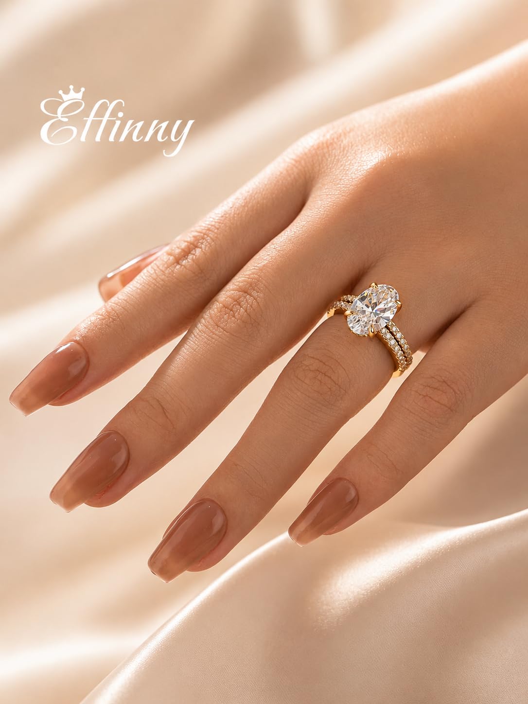 Effinny 3.5ct Elongated Oval Cut Engagement Ring Set,925 Sterling Silver Bridal Ring Set with Half Eternity Wedding Ring (Golden, 7.5)