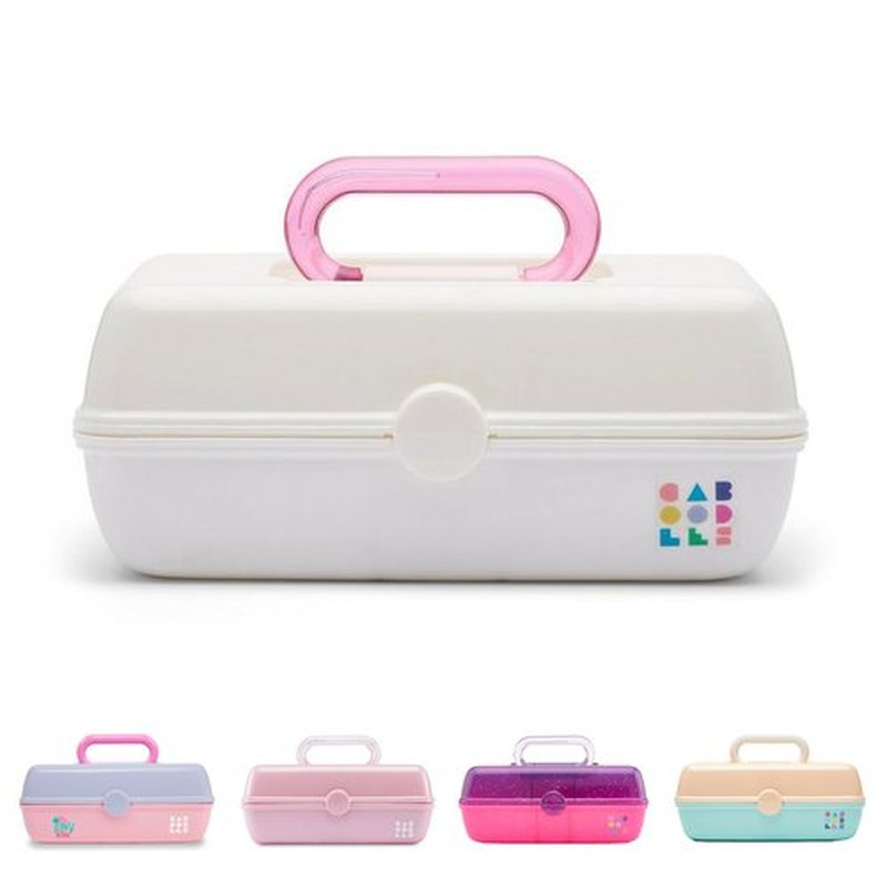 Caboodles Pretty in Petite Makeup Box, Two-Tone White on White, Hard Plastic Organizer Box, 2 Swivel Trays, Fashion Mirror, Secure Latch for Safe Travel