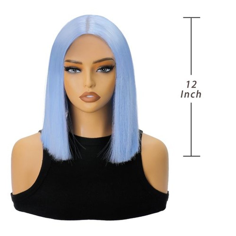 SUKRI Straight Blue Bob Wig 12 Inch Light Blue Bob Wigs for Women Middle Part Heat Resistant Synthetic Hair Natural Looking Costume Cosplay Halloween Party Use