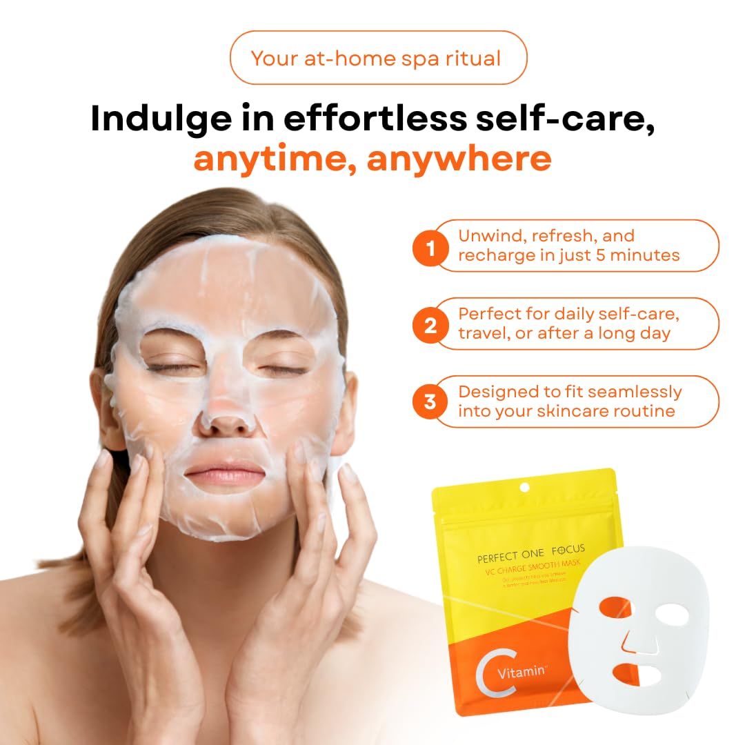 PERFECT ONE FOCUS VC Charge Smooth Mask - Vitamin-Infused Sheet Masks for Skin Care & Pores - Includes 10 Types of Vitamins, Hyaluronic Acid, Ceramides & Niacinamide - Citrus Scent, 7 Sheets