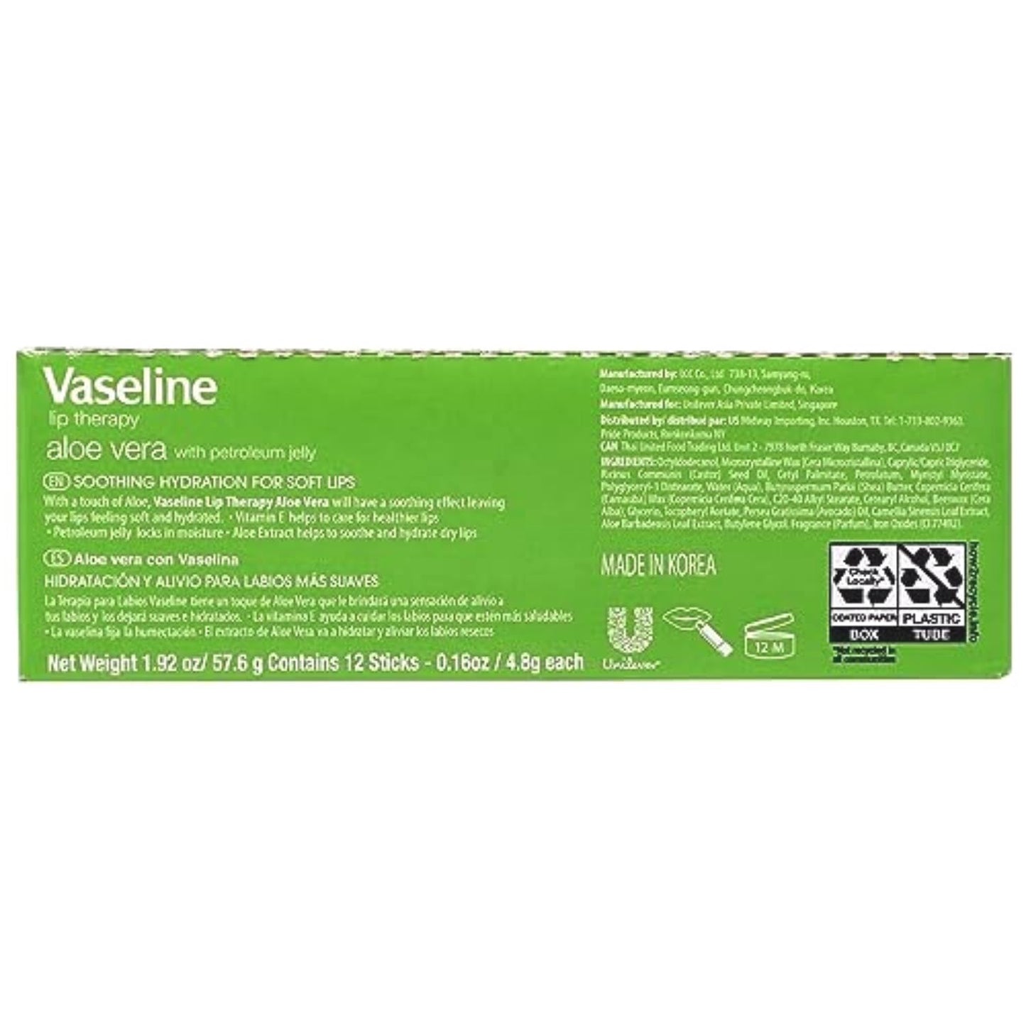 Vaseline Lip w/o Backer Card Aloe - 72 pack box