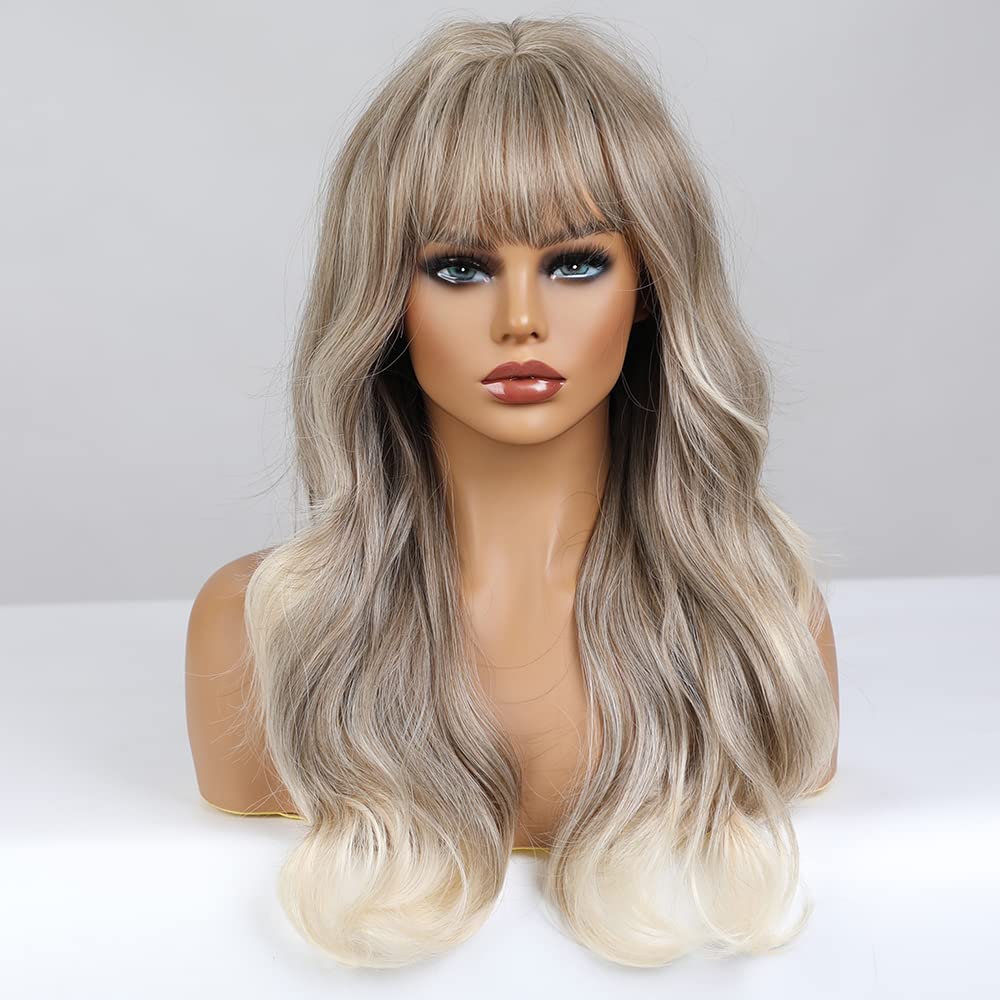 WTHCOS Long Ombre Brown Blonde Wigs Ash Blodne Wig for Women Long Curly Wavy Brown Mixed Blonde Wig With Bangs Silky Full Heat Resistant Synthetic Wig with Wig Cap (Blonde Mix Brown)