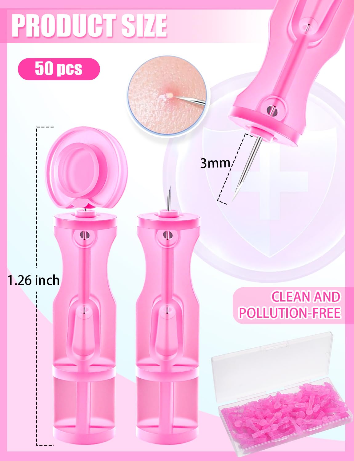 Lancets for Facial Extraction, 50Pcs Pink Disposable Acne Needle Tools, Blackhead Removal Kit for Clear Skin