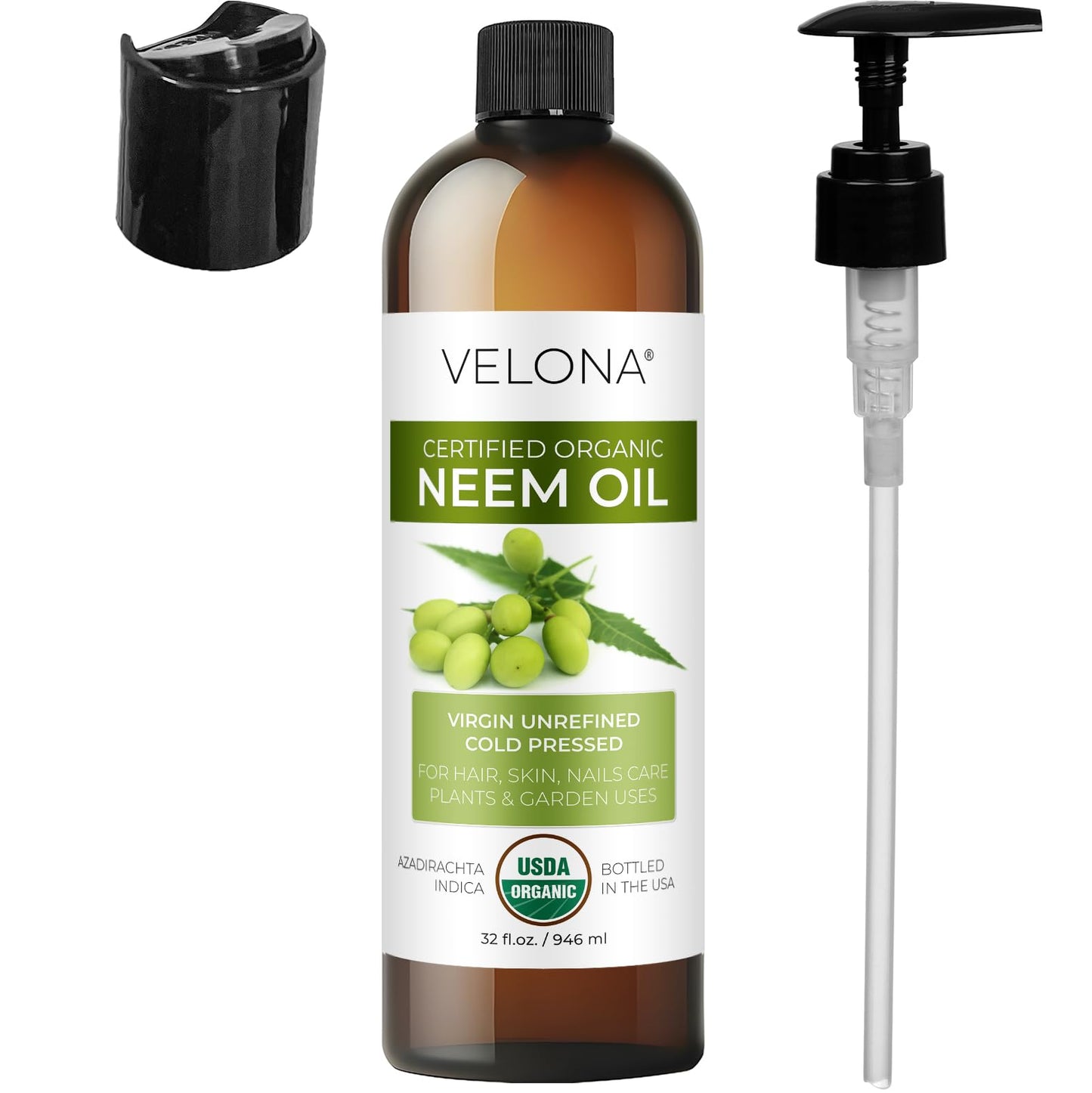 velona USDA Organic Neem Oil - 32 fl oz, Cold Pressed, with Pump