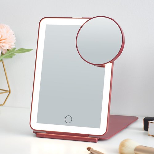Mocado LED Travel Makeup Mirror, Rechargeable Vanity Mirror with Lights, Portable Mirror with Lights - 5x7 inches, 3 Colors Light, Foldable, Dimmable Touch Screen, Travel Essential (Wine Red)