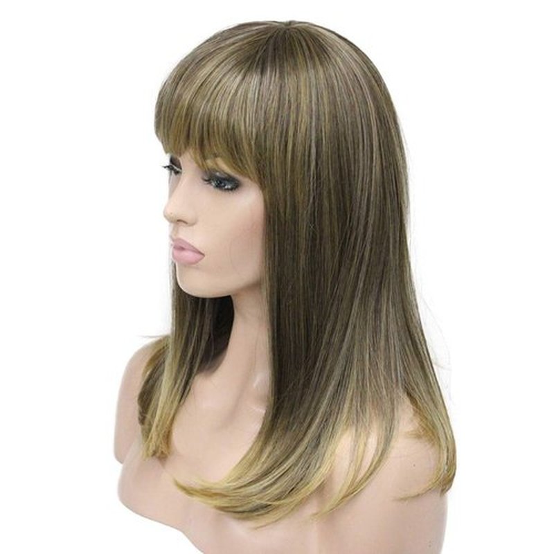 Lydell 14" Long Straight Wig Soft Heat Fiber Hair Cute Neat Bang Under Shoulder Full Wig (6T24B)