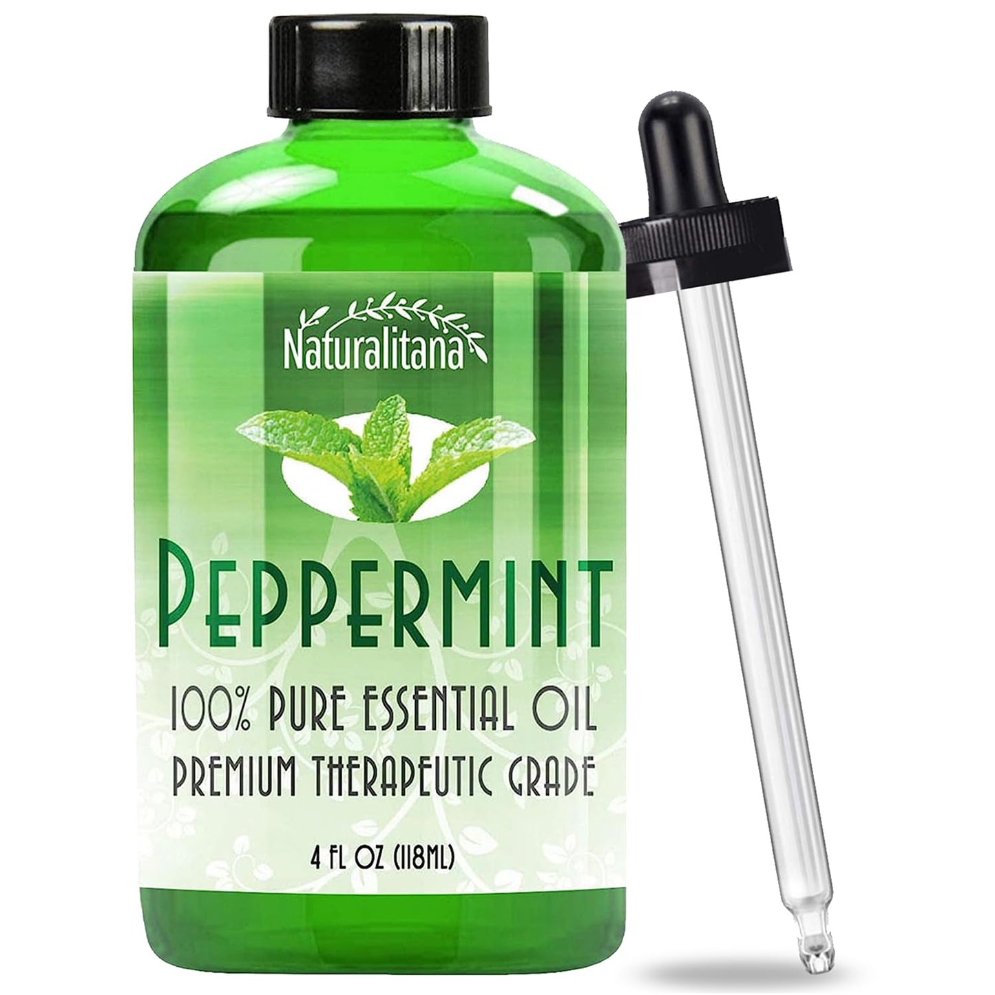 Naturalitana Peppermint Essential Oil Therapeutic Grade for Aromatherapy, Hair, Relaxation – Mint Scented 4 Fl Oz Bottle with Dropper