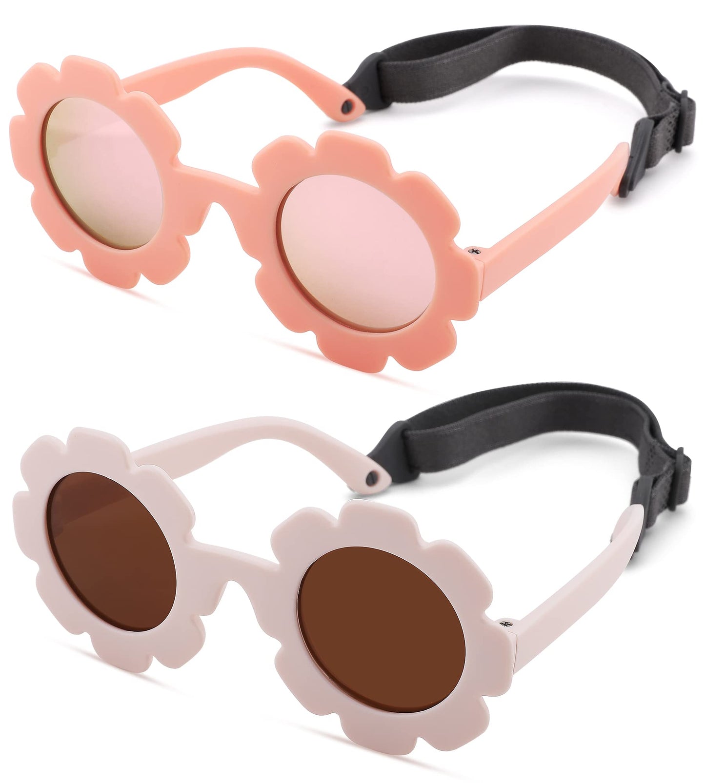 Polarized Baby Sunglasses with Strap – Flexible Flower Shaped Sunglasses for Toddler & Infant Age 0-24 Months (Pink/Pink Mirrored + Beige/Brown) - 2 Pack