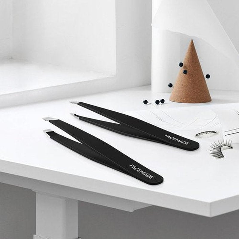FACEMADE 2 Pack Tweezers Set - Professional Stainless Steel Tweezers for Men and Women, Precision Eyebrow Tweezers for Facial Hair, Chin, and Ingrown Hair Removal (Black)