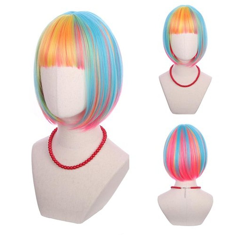 Edivd Kids Rainbow Bob Wig Girls Short Colorful Bob Wig with Bangs Heat Resistant Synthetic Wig with Wig Cap