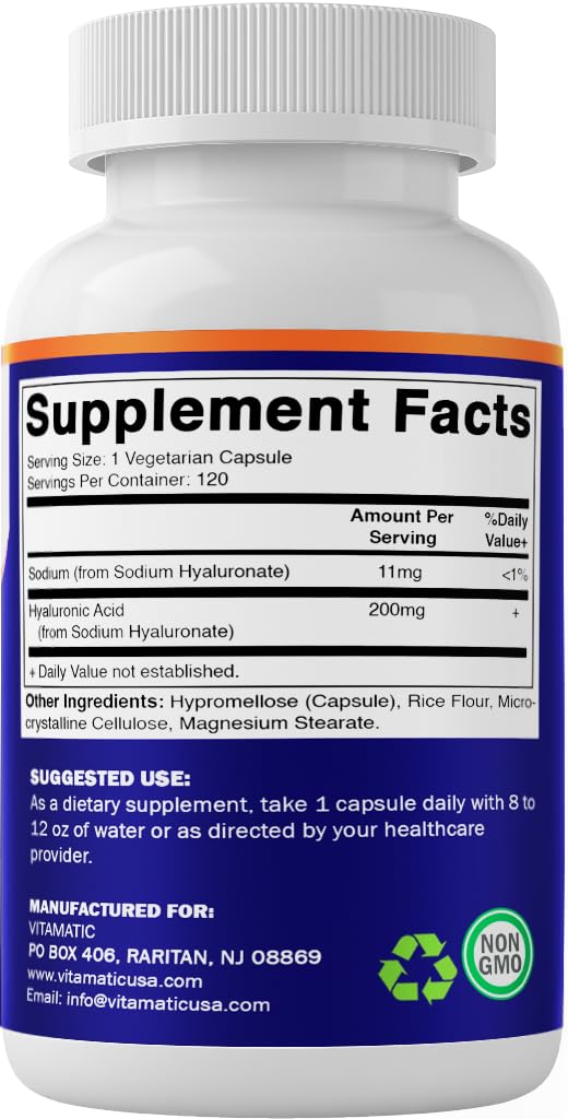 Vitamatic Hyaluronic Acid Supplements 200mg - Supports Healthy Connective Tissue and Joints - Promote Youthful Healthy Skin - 120 Capsules