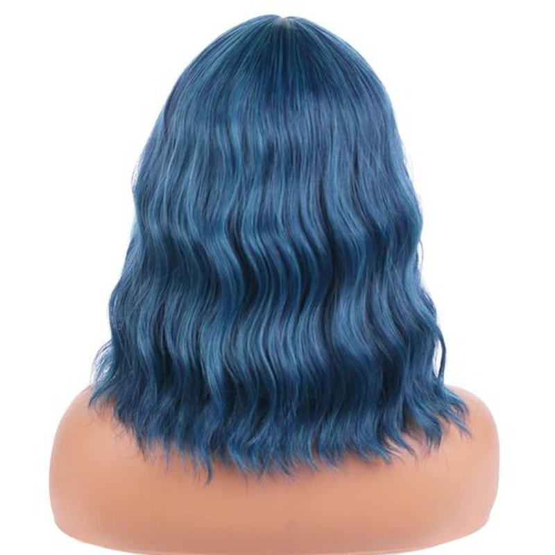 BERON Blue Wig Short Curly Wig for Women Mix Blue Wigs with Bangs Synthetic Wig Dark Blue Wigs with Wig Cap