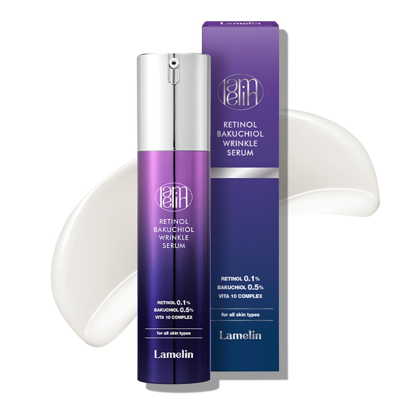 Lamelin Wrinkle Serum Cream, Retinol & Bakuchiol & Niacinamide, 10 Vitamins & Herbs, Antioxidant, Eye Bag Dark Neck Correction, Day & Night Skin Brightening, 1.76 Fl Oz. Made in Korea