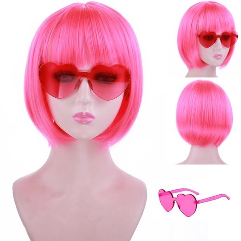 PATTNIUM Short Bob Wig for Women Neon Pink Bob Wig Hot Pink Bob Wig Short Straight Bob Wig with Bangs Sythetic Wig with Wig Cap
