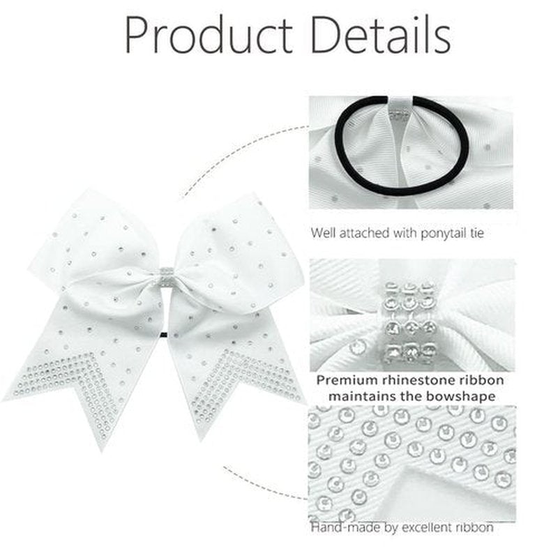 Hipcheer 12PCS 8" Rhinestones Large Cheer Hair Bows for Girls, Hand-made Grosgrain Ribbon Hair Accessories for Teen Girls Softball Cheerleader Sport (White)