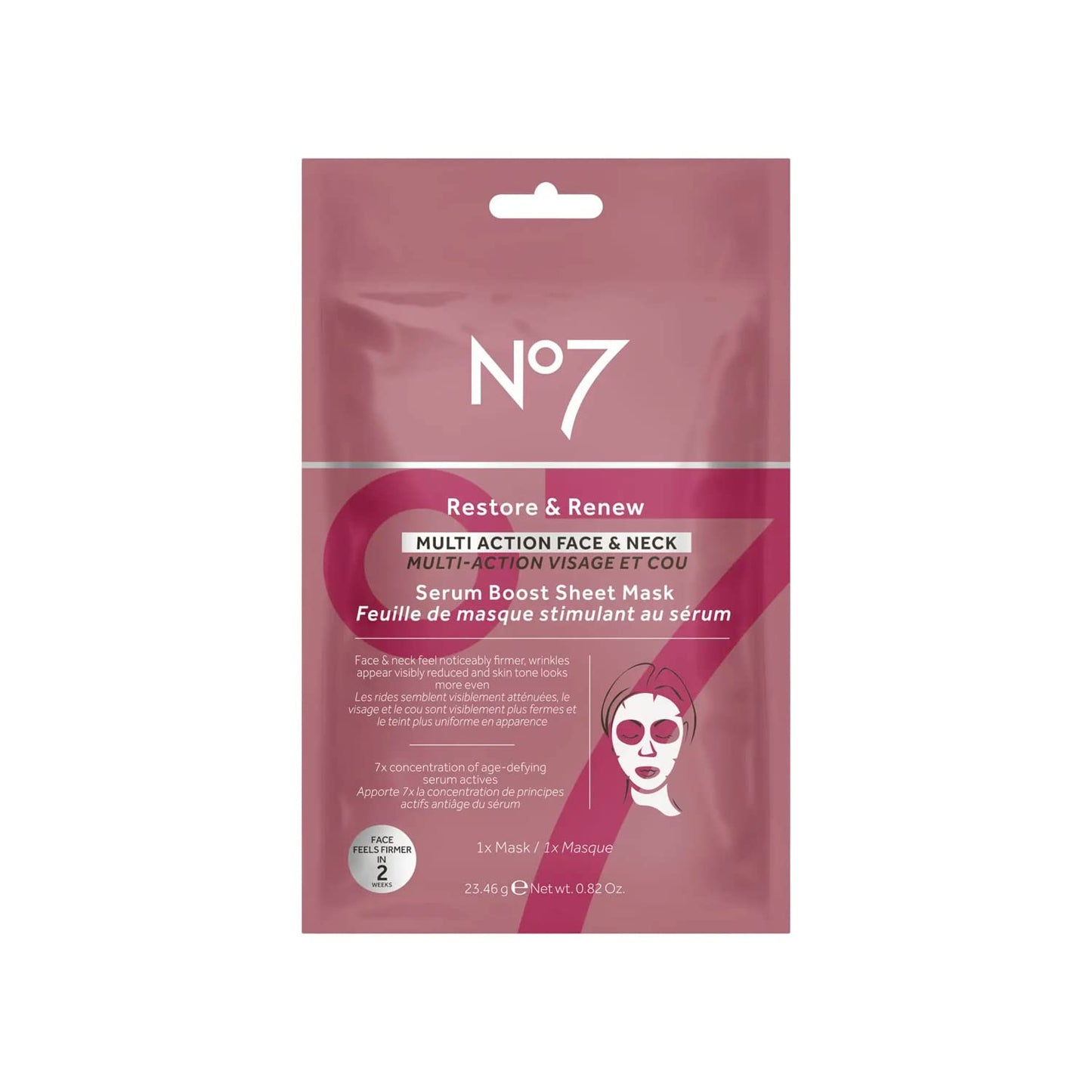 No7 Restore and Renew Multi-Action Face and Neck Serum Boost Mask – Anti-Aging, Firming, Wrinkle-Reducing Sheet Mask for Hydrating and Brightening Uneven Skin Tone