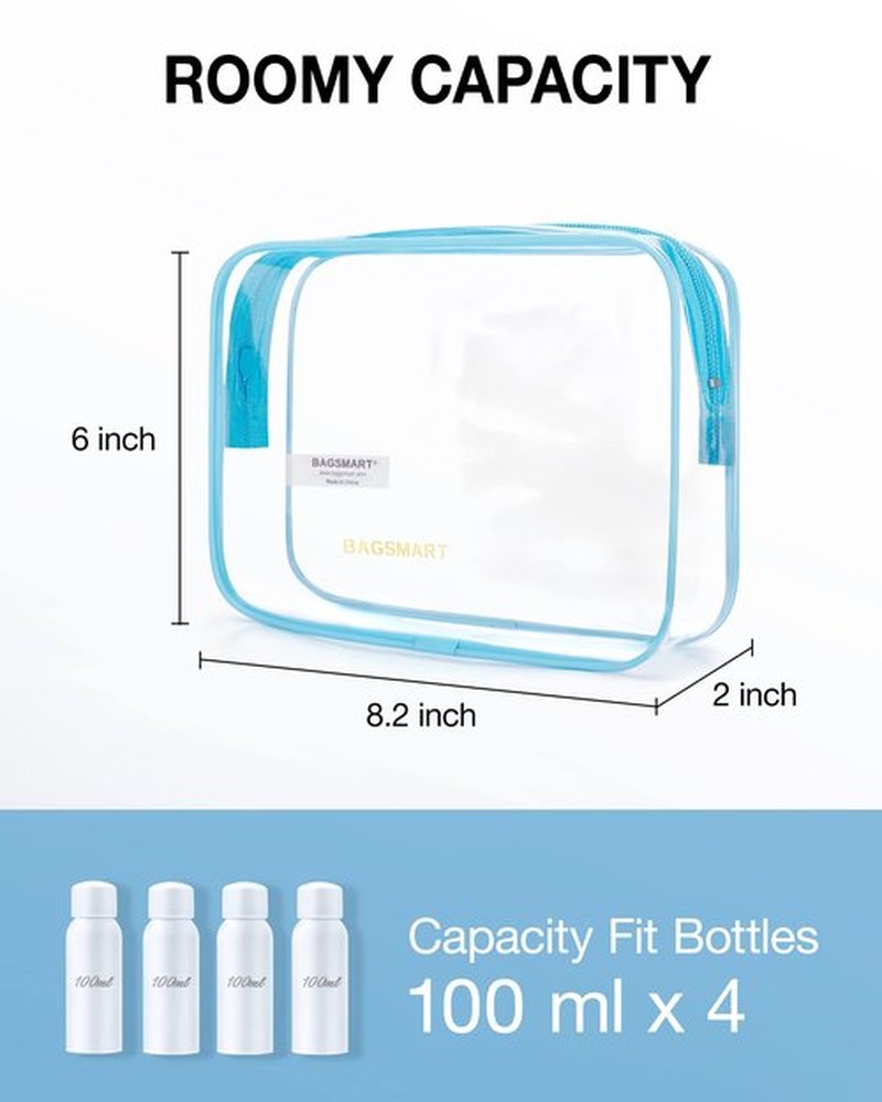 BAGSMART Clear Toiletry Bag, 2 Pack TSA Approved Travel Toiletry bag Carry on Travel Accessories Bag Airport Airline Quart Size Bags Water Repellent Makeup Cosmetic Bag for Women (Blue-2Pcs)