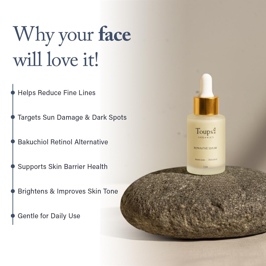 Toups & Co Reparative Serum | Bakuchiol Retinol Alternative Facial Serum | Targets Hyperpigmentation, Sun Damage & Fine Lines | With Amino Acids, Vitamins C & E | Gentle for Sensitive Skin | 1 oz