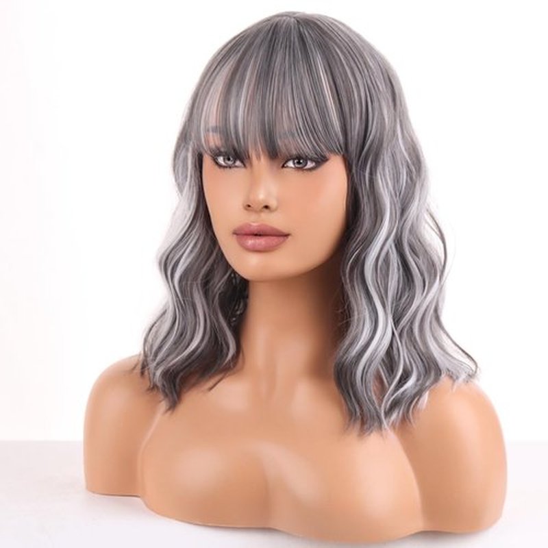WTHCOS Mixed Silver Gray Wig Short Bob Wig Short Curly Wavy Wig With Bangs for Women Silver Mixed Gray Wig Heat Resistant Synthetic Hair Wigs for Daily Use Cosplay Wig With Wig Cap
