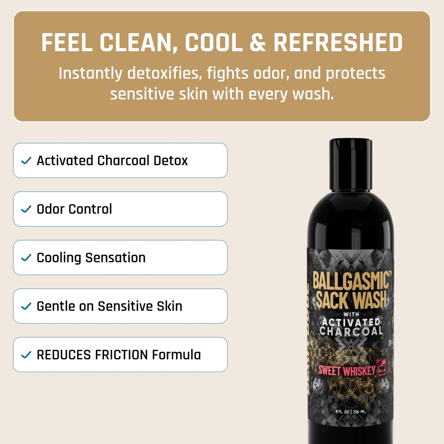 Derm Dude BallGasmic Ball Wash for Men – Anti-Chafing Body Wash with Activated Charcoal for Private Parts | Groin Cleanser & Odor Control Shower Gel – Sweet Whiskey Scent, 8oz