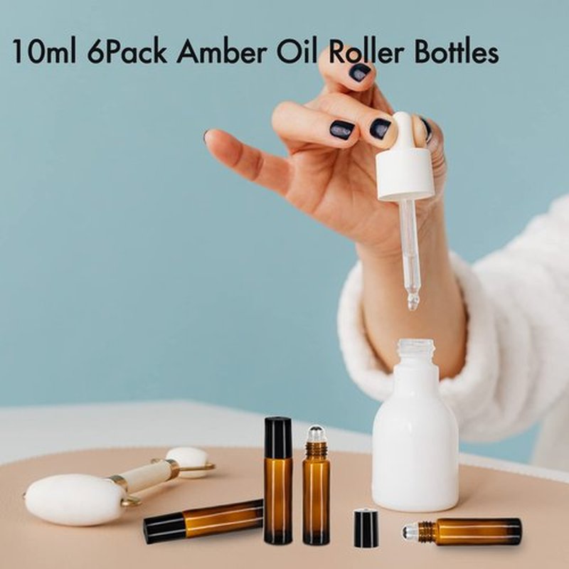 6 Pack Essential Oil Roller Bottles, 10ml Roller Balls for Essential Oils, Amber Glass Roller Bottles, Roll on Bottles with Stainless Steel Roller Balls, Labels, 1*Openers, 1*Funnels, 1*Dropper