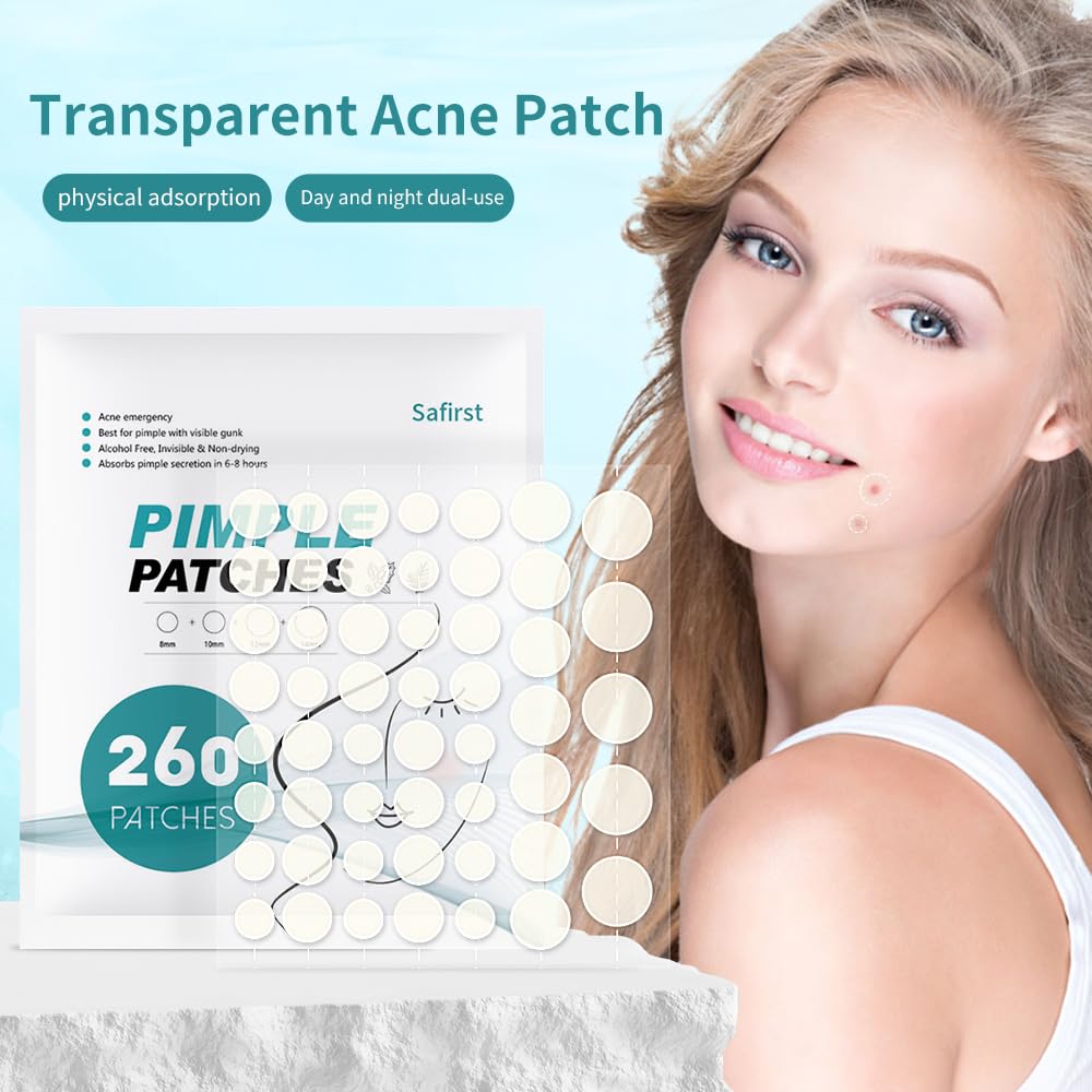 Safirst Sticky Acne Patches Hydrocolloid Pimple Absorbing Patch 4 Size 260 Counts Spot Blemish Invisible Stickers Zit Dot Cover Breakout Treatment