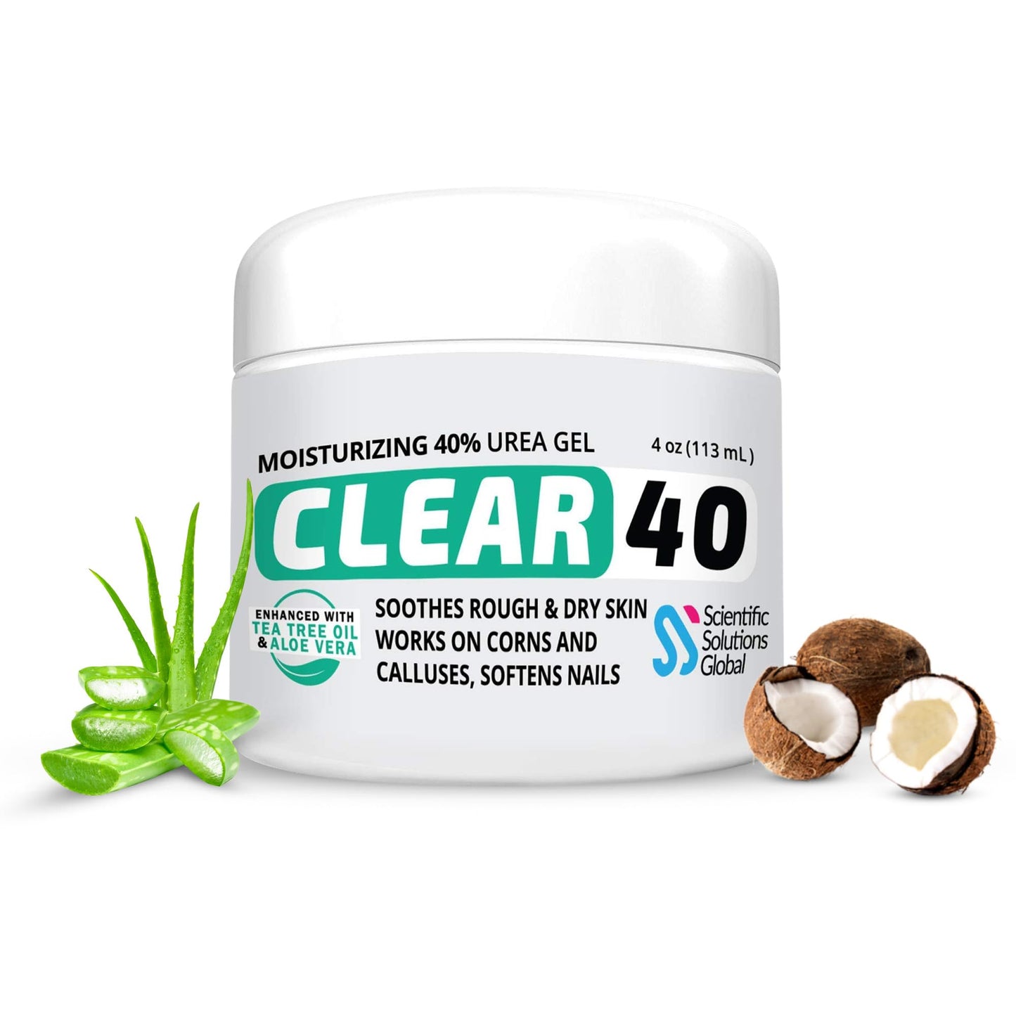 CLEAR 40 Urea Gel 40% (4 oz) with Tea Tree & Coconut Oil & Aloe Vera – Intensive Moisturizing & Exfoliating Gel for Dry Rough Skin, Feet, Heels, Elbows, Hands & Nails – Fast Absorbing Hydration