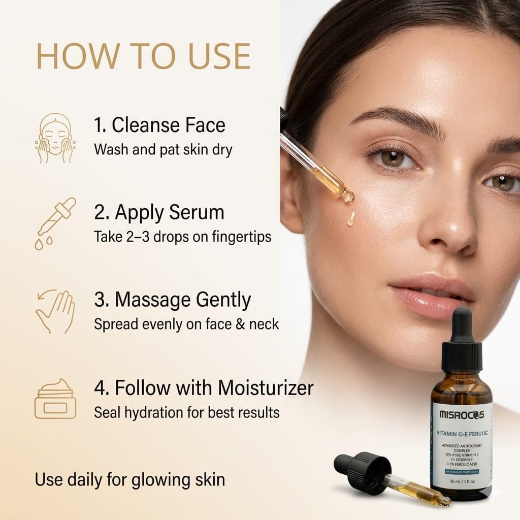 MISROCOS Vitamin C + E Ferulic Acid Serum - 30ml (1 fl oz) | Advanced Antioxidant Complex with 15% Pure Vitamin C | Brightening Face Serum for Fine Lines & Sun Damage (Pack of 1)