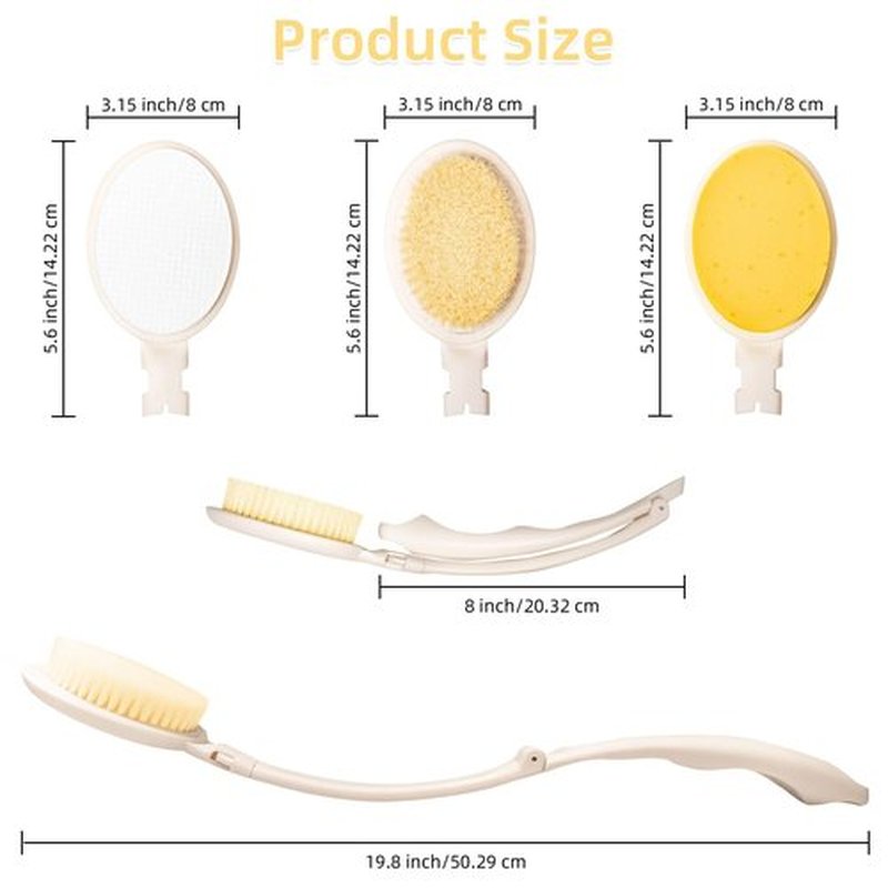LFJ 19" Long Handle Shower Sponge Brush Set, 3 in 1 Body Brush, Bath Sponge and Lotion Applicator Improved Skin Health, Suitable for Men and Women (White Brush-1P)