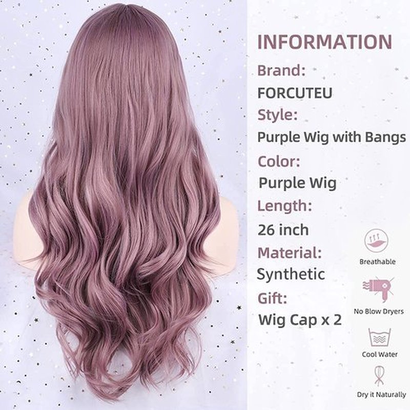 FORCUTEU Purple Wig with Bangs Long Purple Wavy Wigs for Women Purple Wavy Wigs Purple Heat Resistant Wigs for Daily Party Halloween (Purple 26inch)