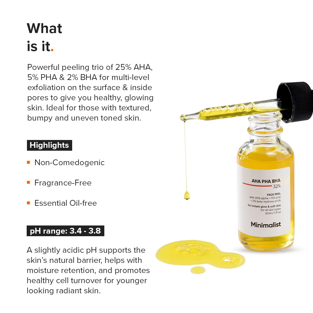 Minimalist 32% AHA BHA PHA (Turmeric Root Extract) Peeling Solution for Glowing Skin & Pore Cleansing | Weekend Facial Exfoliant Peel for Deep Pore Cleansing | For Women & Men | 1 Fl Oz / 30 ml
