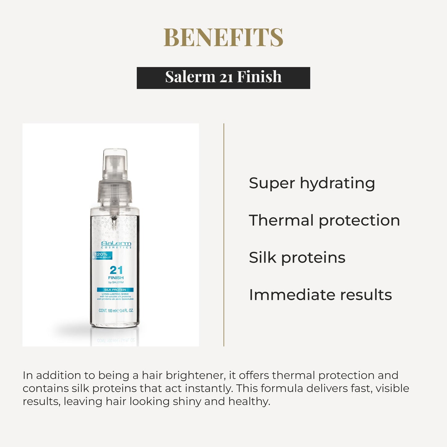 SALERM - Illuminating Hair Spray 21 Finish - 100 ml - with Silk Proteins - Final Illuminating Touch - Hydrates and Adds Shine to Hair - Immediate Result - Heat Protector