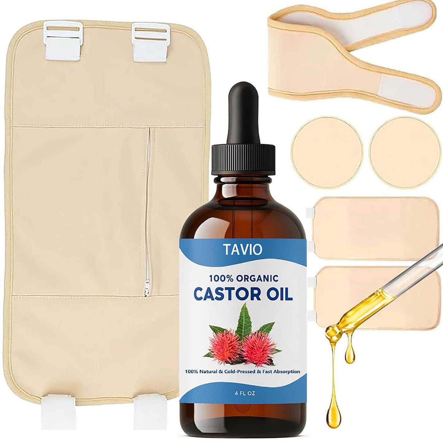 Tavio Castor Oil Pack, Organic Cotton Castor Oil Pack Wrap Kit, Wellness Packs for Liver Support, Digestion Aid, Muscle Relaxation & Detox, Reusable & Comfortable